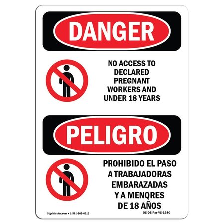 SIGNMISSION Safety Sign, OSHA Danger, 5" Height, No Access To Pregnant 18 Years Spanish, 10PK OS-DS-D-35-VS-1680-10PK